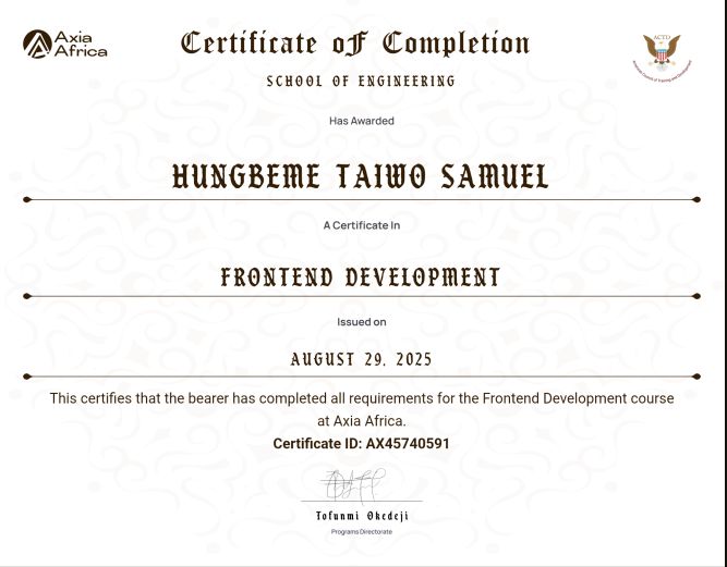 My frontend developer certificate from axia africa